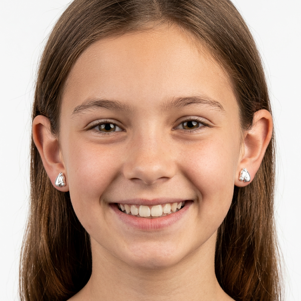 Childrens Sterling Silver Horse Stud Earrings in shiny silver worn by a smiling girl with brown hair