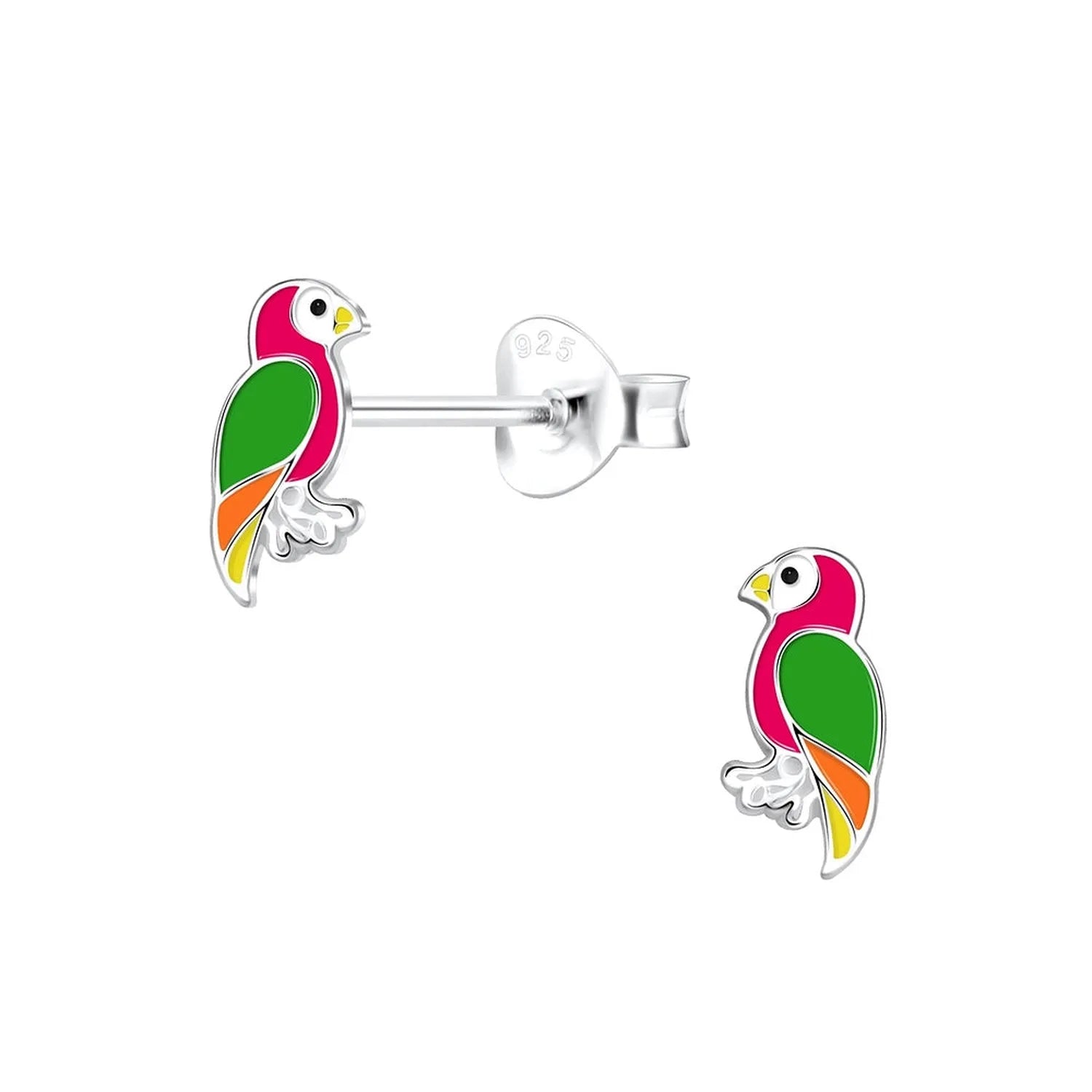 Childrens Sterling Silver Parrot Stud Earrings by Melchior Jewellery with bright pink, green, orange, and yellow enamel detailing