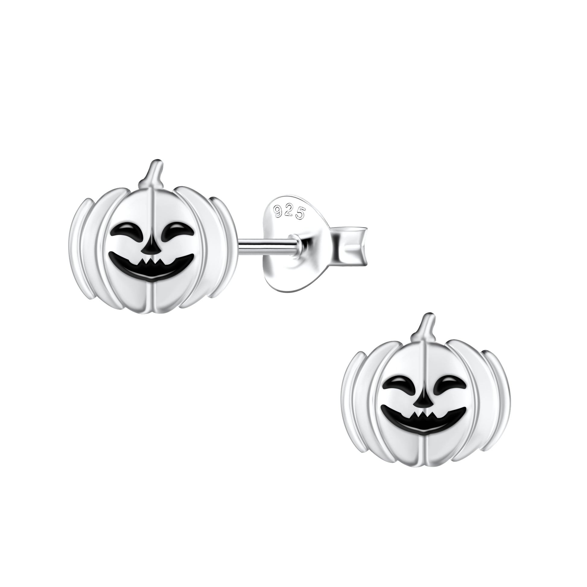 Melchior Jewellery children's sterling silver pumpkin earrings small jack o lantern stud pair with black enamel face