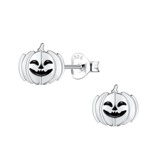 Melchior Jewellery children's sterling silver pumpkin earrings small jack o lantern stud pair with black enamel face