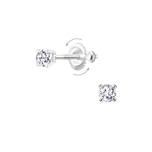 Children's sterling silver screw back earrings by In Season Jewellery with clear gemstone studs