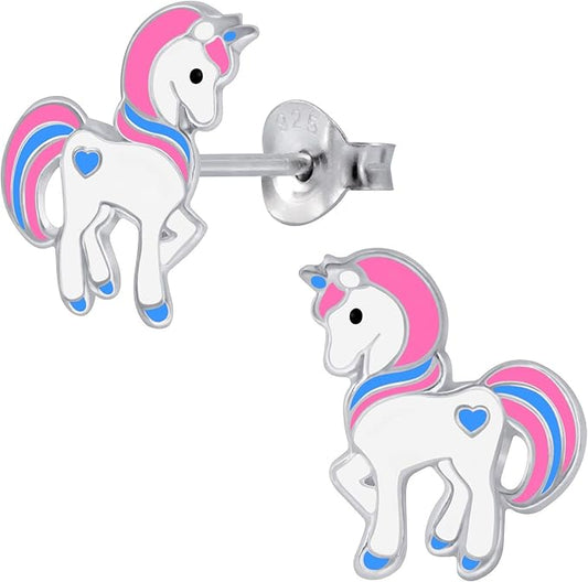 Melchior Jewellery children's sterling silver unicorn earrings with pink and blue enamel heart detail