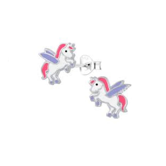 Melchior Jewellery children's sterling silver unicorn earrings with pink mane and purple wings for kids