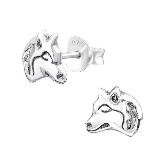 Children's sterling silver wolf earrings by Melchior Jewellery, detailed wolf head design stud earrings