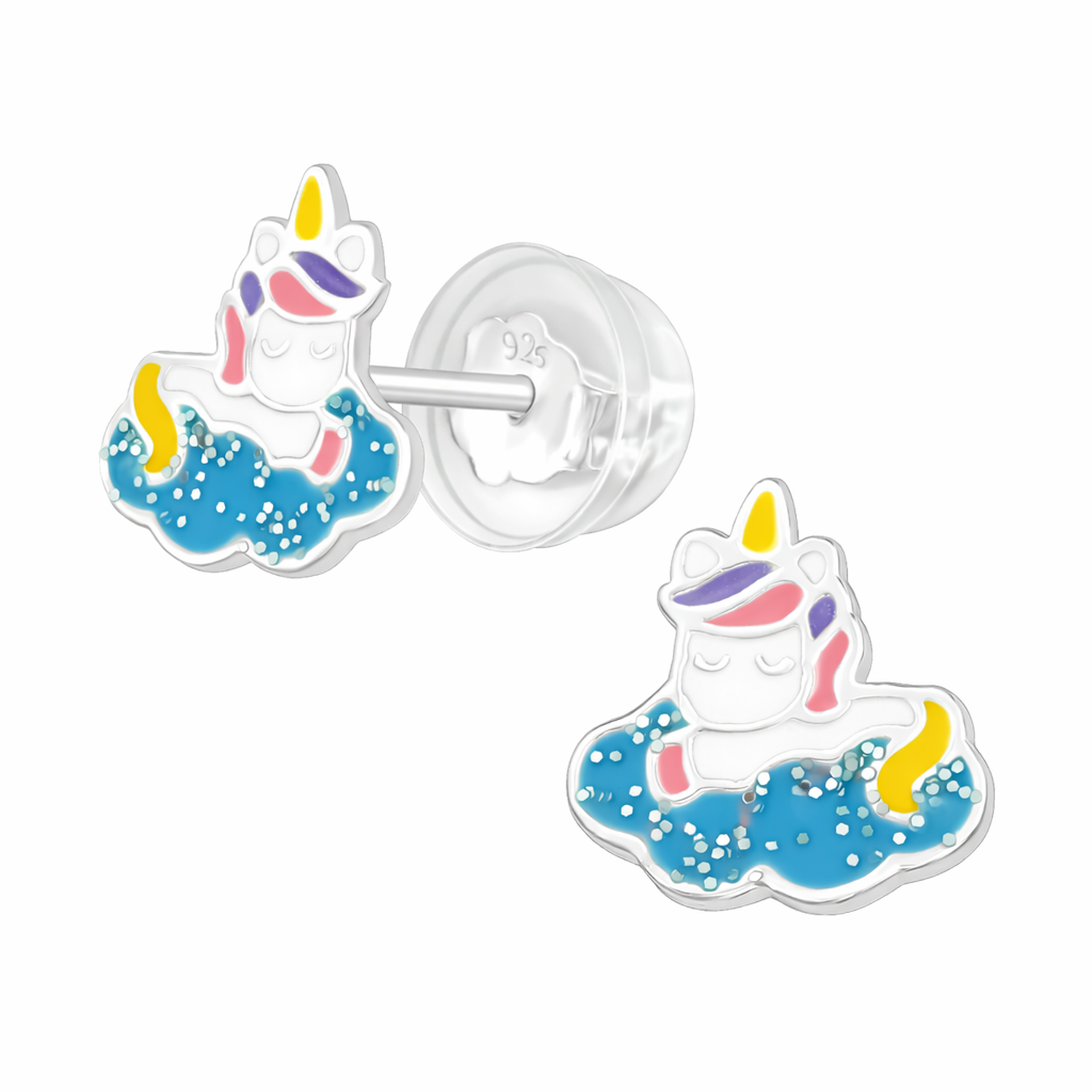 Melchior Jewellery Childrens Unicorn Stud Earrings with colourful enamel featuring blue, yellow, pink, and purple details