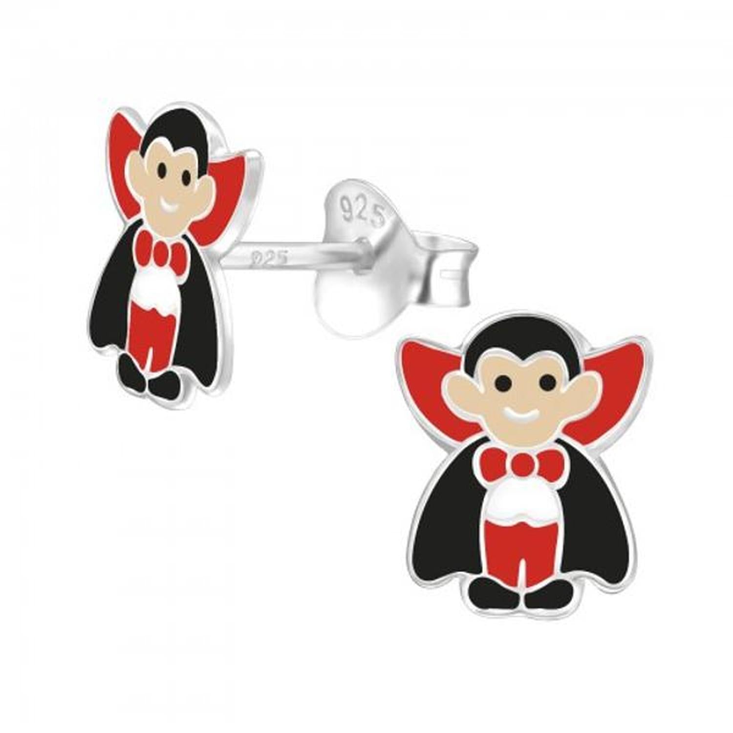 Melchior Jewellery Childrens Vampire Stud Earrings in silver with red and black enamel detailing