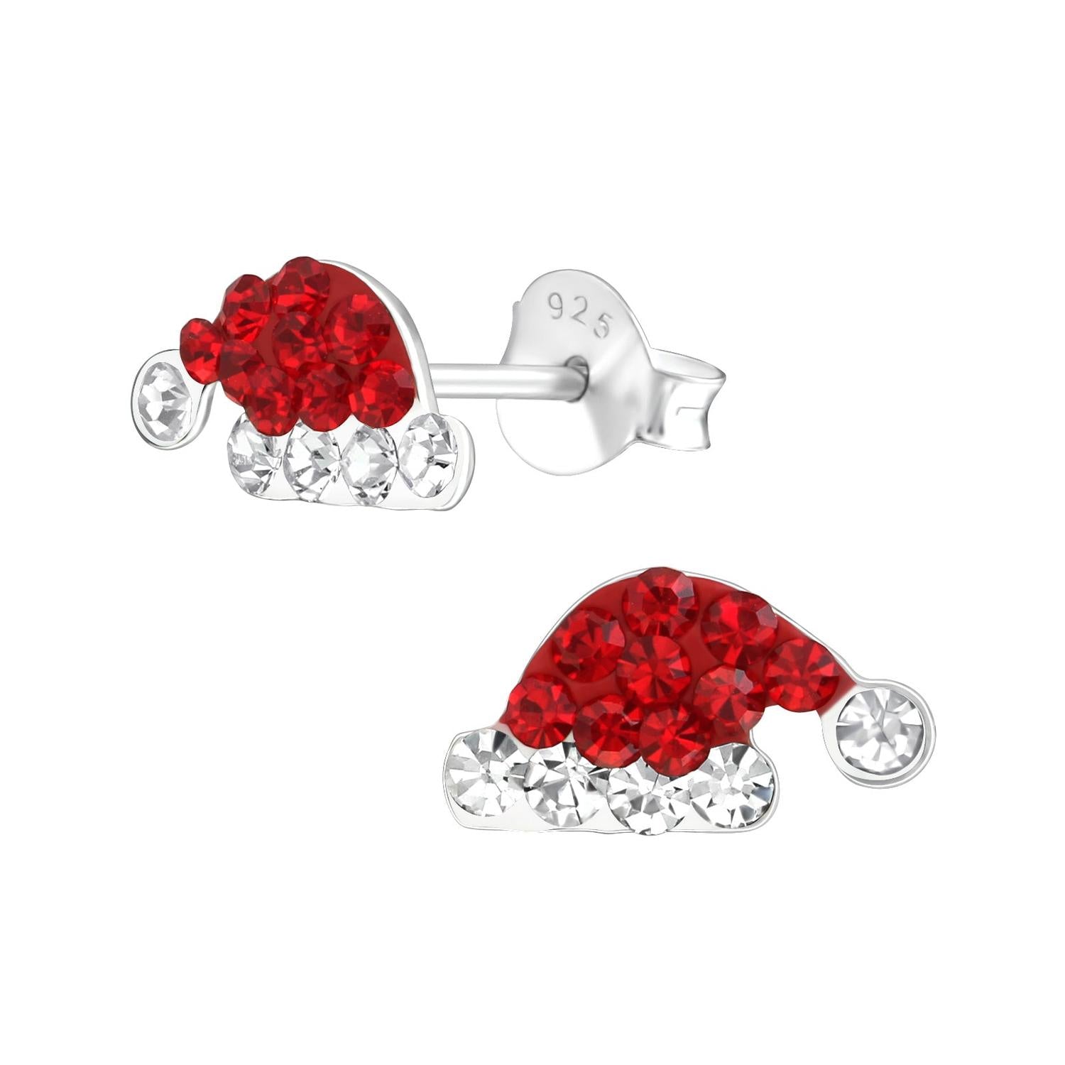 Melchior Jewellery Christmas Hat Earrings with red and white crystals on silver stud base