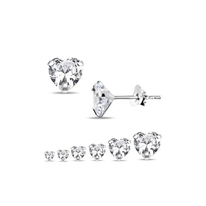 Melchior Jewellery clear cubic zirconia silver heart earrings stud set in graduated sizes with butterfly backs