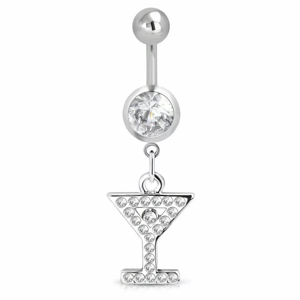 Melchior Jewellery cocktail glass belly button ring with clear crystals and silver finish
