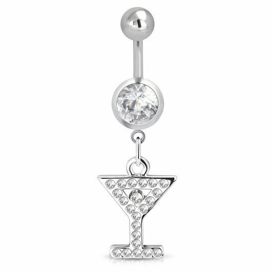 Melchior Jewellery cocktail glass belly button ring with clear crystals and silver finish