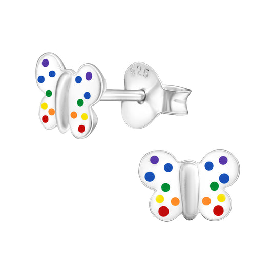 Colourful butterfly stud earrings for kids by Melchior Jewellery in sterling silver with multicolour dots