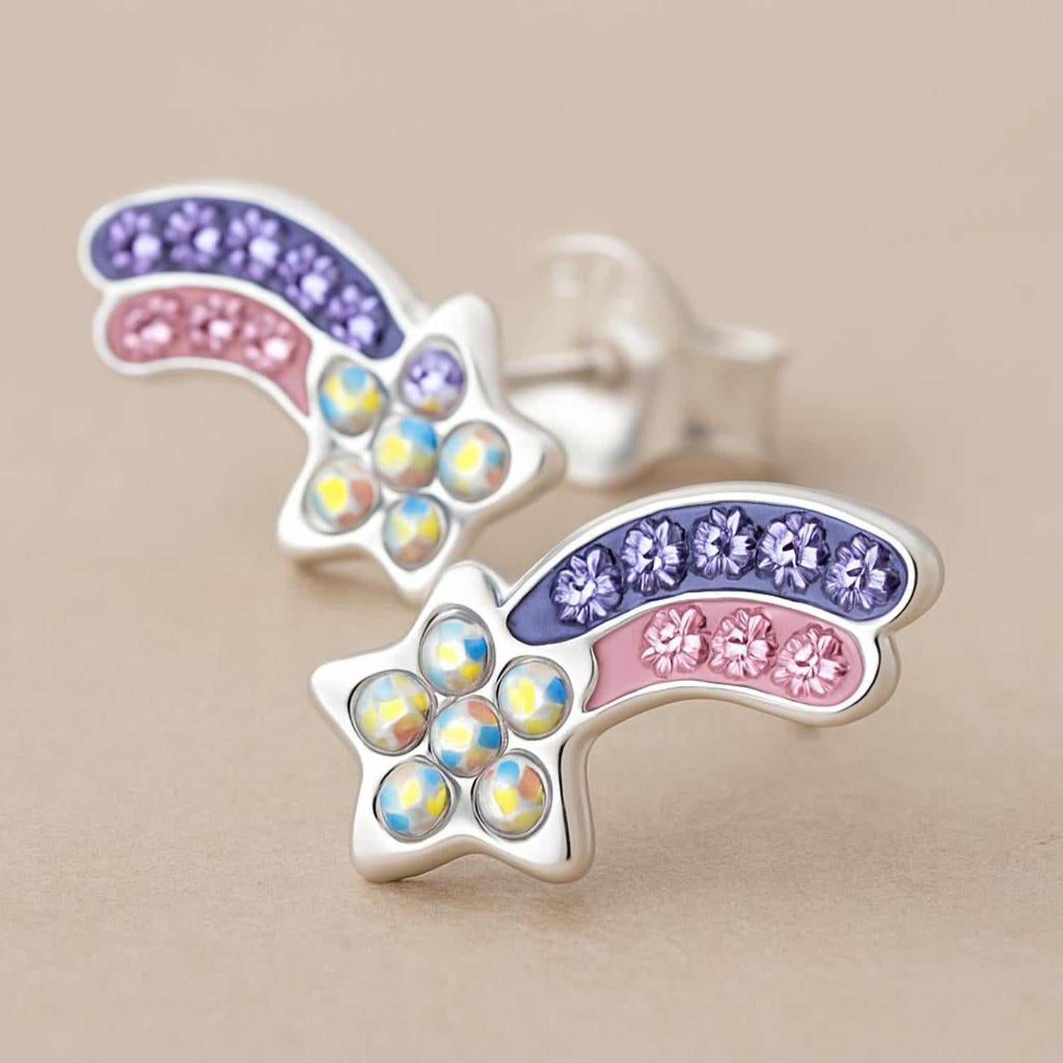Colourful crystal star stud earrings for kids featuring silver stars with iridescent crystals and purple and pink wings