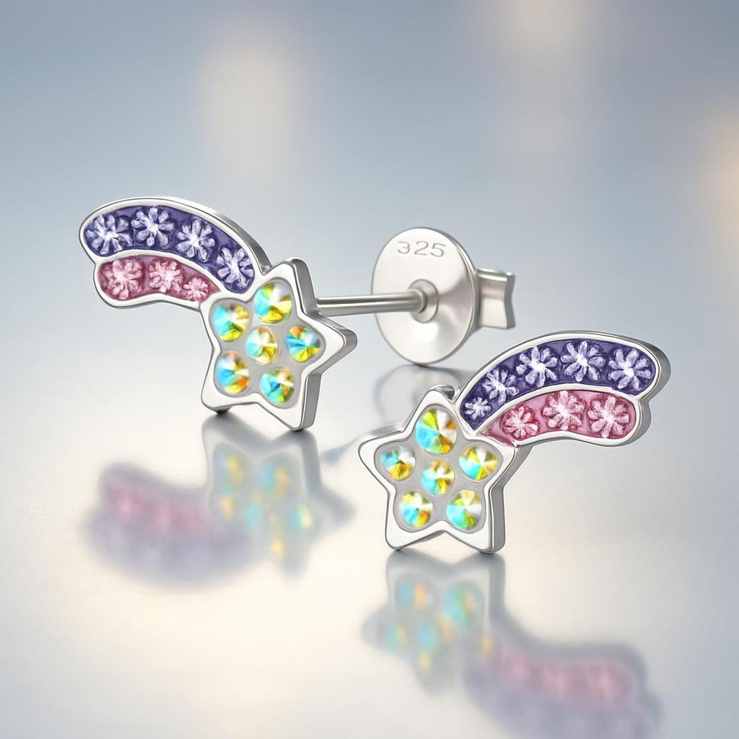 Melchior Jewellery colourful crystal star stud earrings for kids with blue and pink flower detail on silver shooting star design