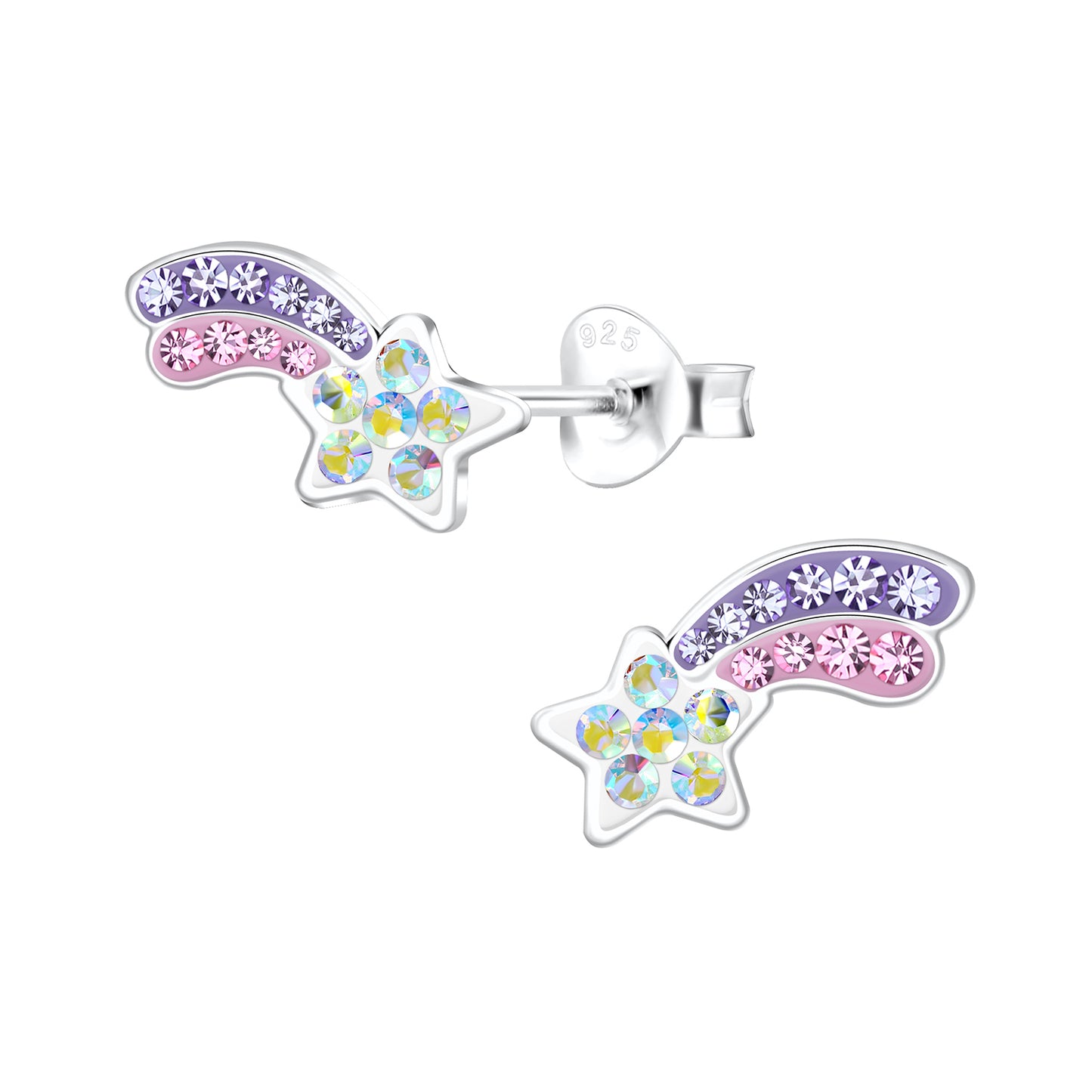 Colourful crystal star stud earrings for kids by Melchior Jewellery with purple and pink crystals
