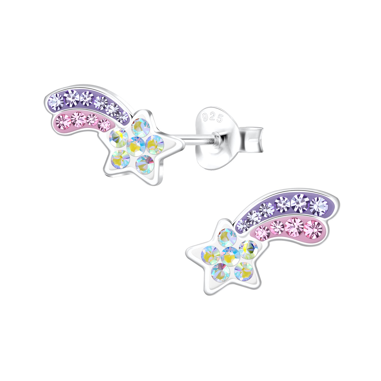 Colourful crystal star stud earrings for kids with purple and pink crystal shooting star design in silver