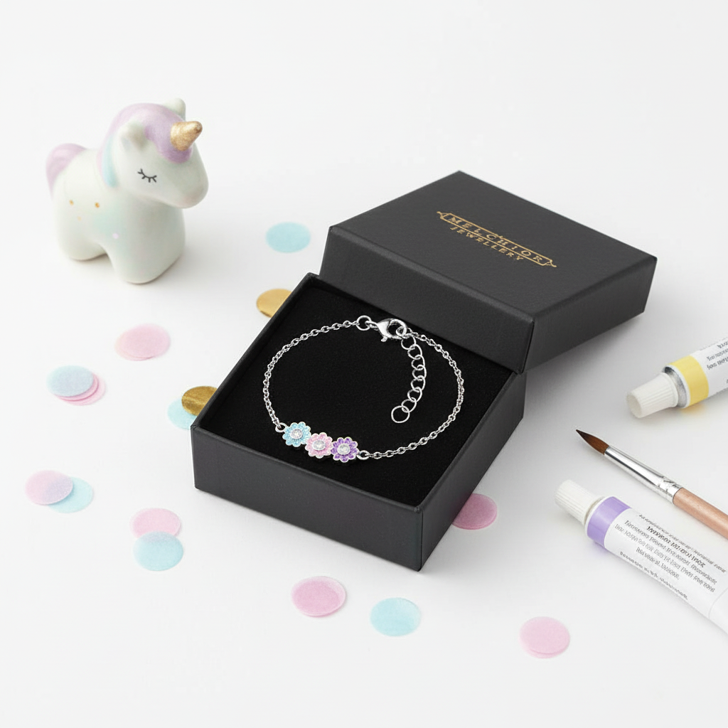 Melchior Jewellery colourful flower bracelet for kids in silver chain with pastel flower charms in black gift box