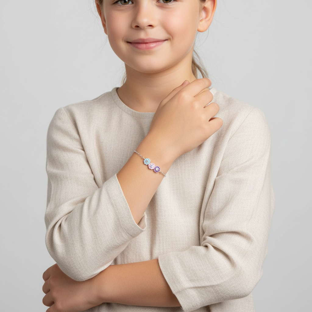 Child wearing Melchior Jewellery colourful flower bracelet for kids with pastel flower charms on silver chain