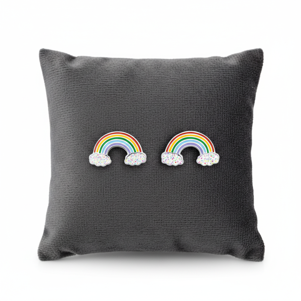 Colourful rainbow stud earrings girls design by Melchior Jewellery displayed on dark grey cushion