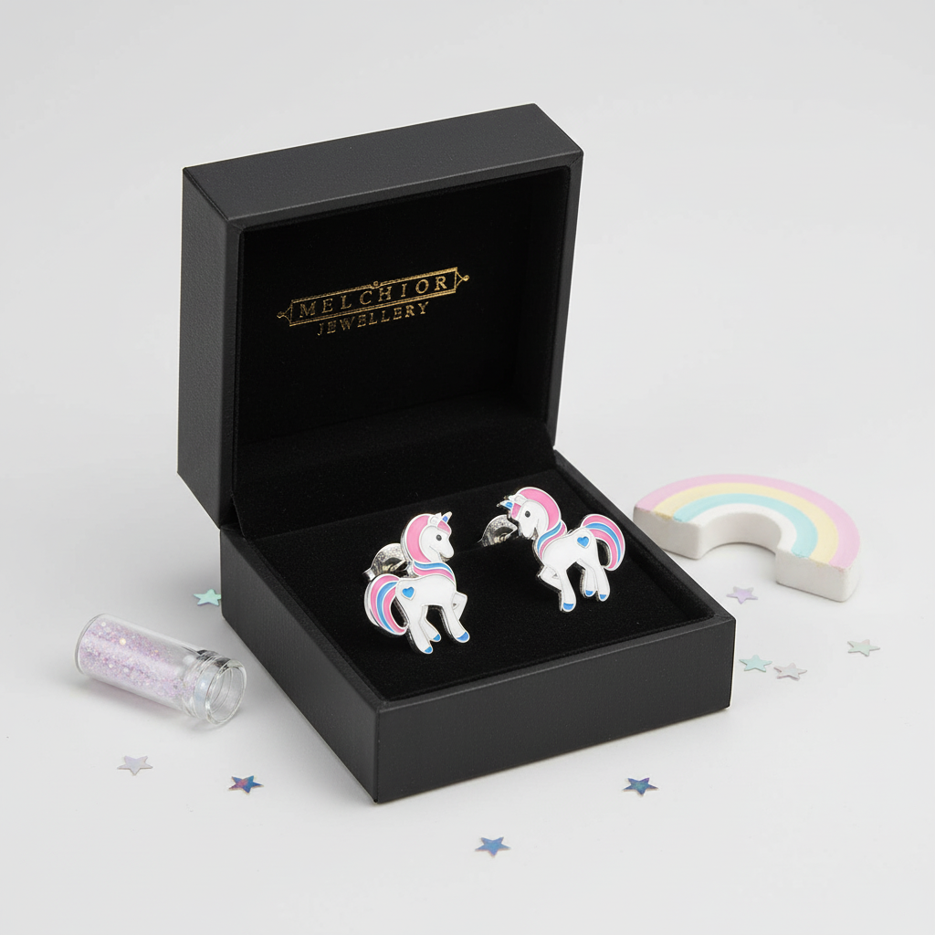 Colourful unicorn stud earrings for kids displayed in Melchior Jewellery black gift box with rainbow and stars