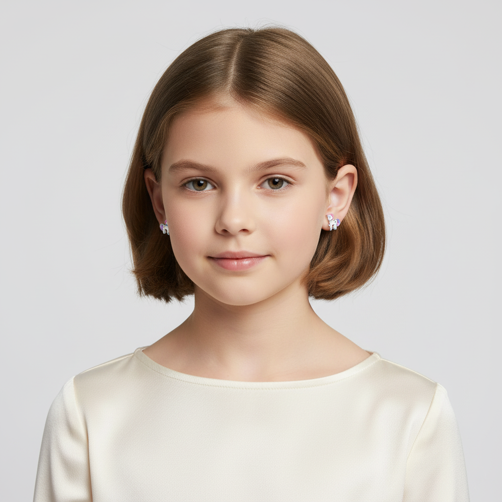 Young girl wearing colourful unicorn stud earrings for kids from Melchior Jewellery in a simple white top