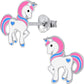 Colourful unicorn stud earrings for kids by Melchior Jewellery with pink and blue enamel details