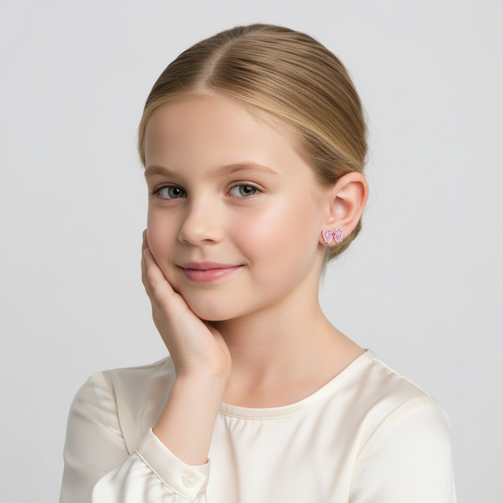 Young girl wearing crystal bow earrings for girls from Melchior Jewellery in a cream top