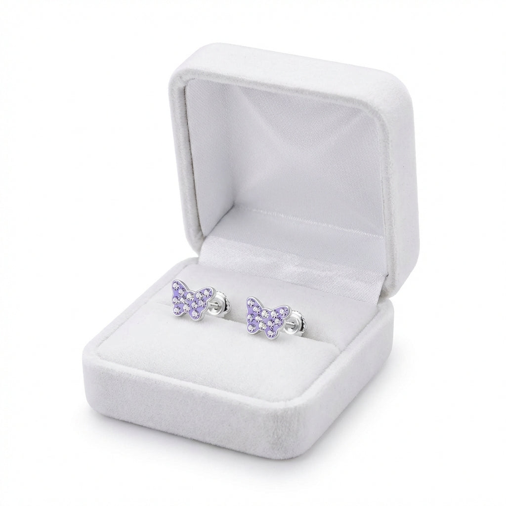 Crystal butterfly screw back earrings for kids in purple displayed in a white velvet jewellery box