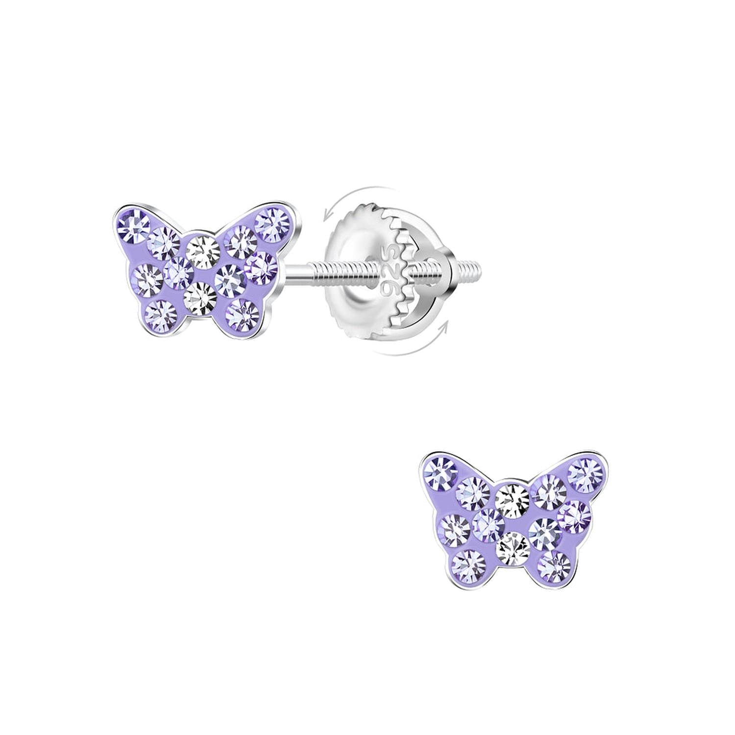 Melchior Jewellery crystal butterfly screw back earrings for kids in purple with sparkling stones