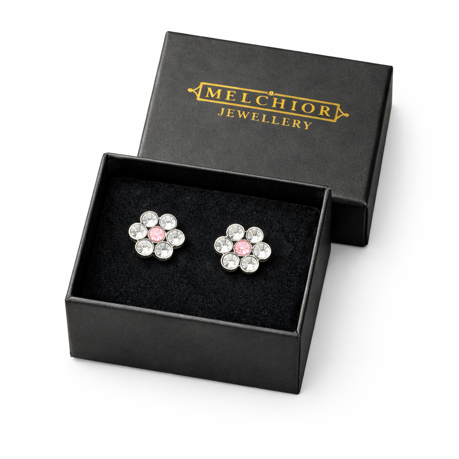 Crystal flower earrings for girls with pink and clear stones in a black Melchior Jewellery gift box