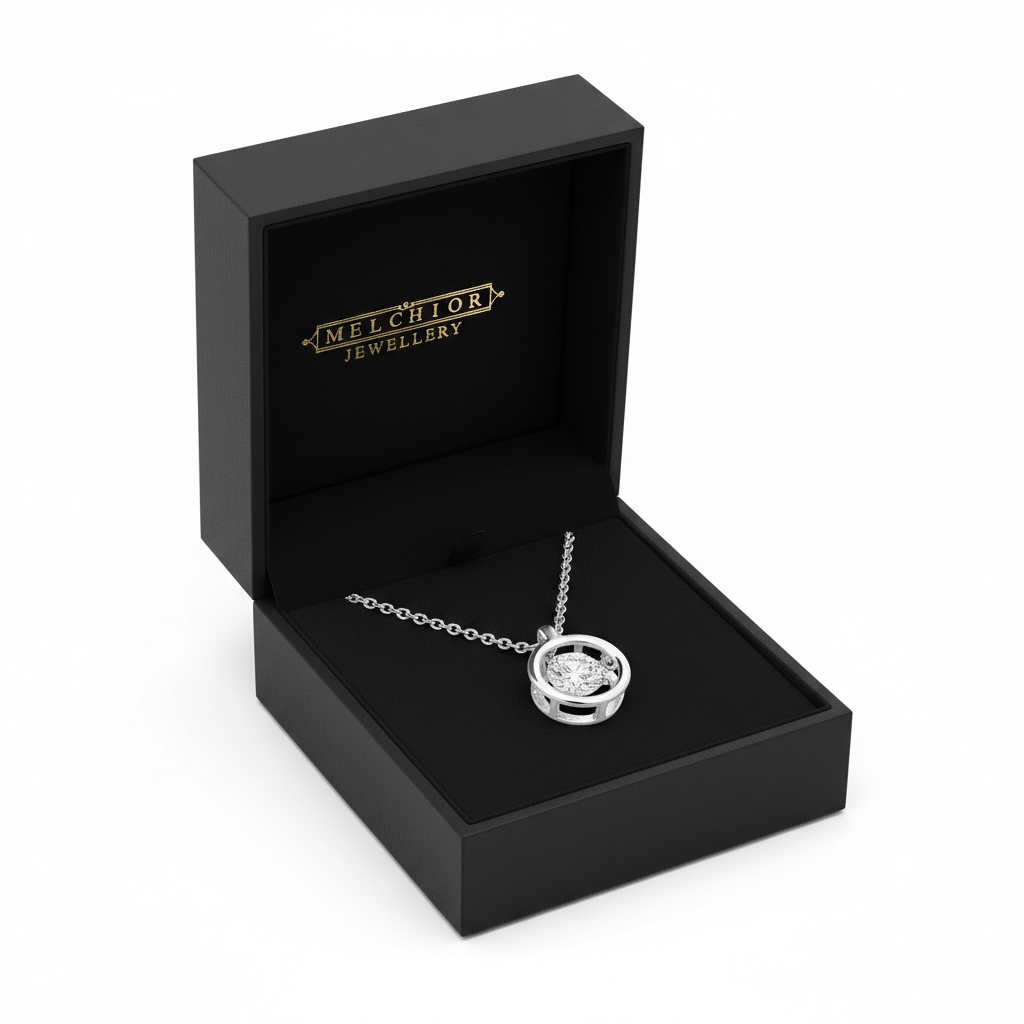 Melchior Jewellery crystal halo pendant for woman in silver displayed in black branded jewellery box