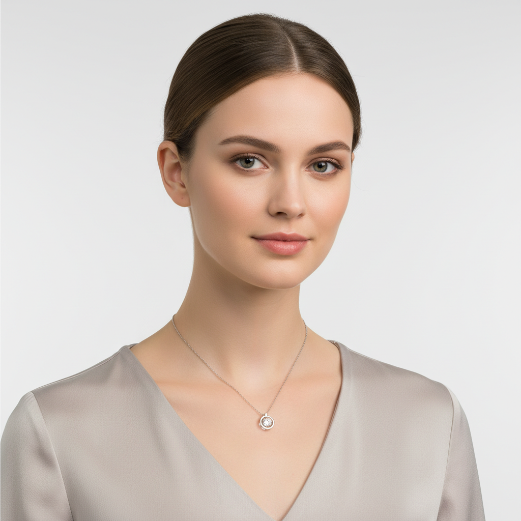 Melchior Jewellery crystal halo pendant for woman worn by model with simple silver chain and elegant design