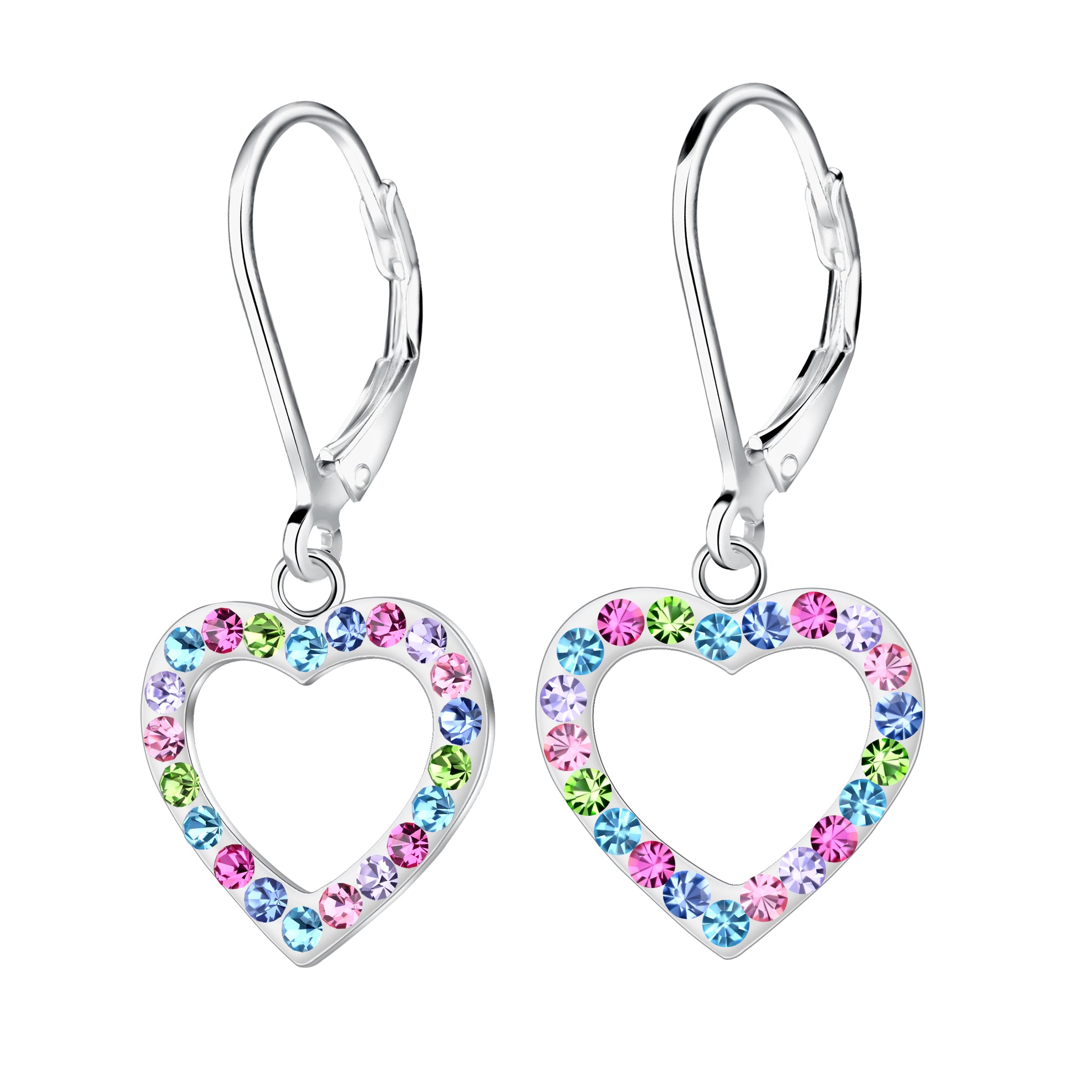 Melchior Jewellery crystal open heart drop earrings with multicolour gemstones on silver hooks