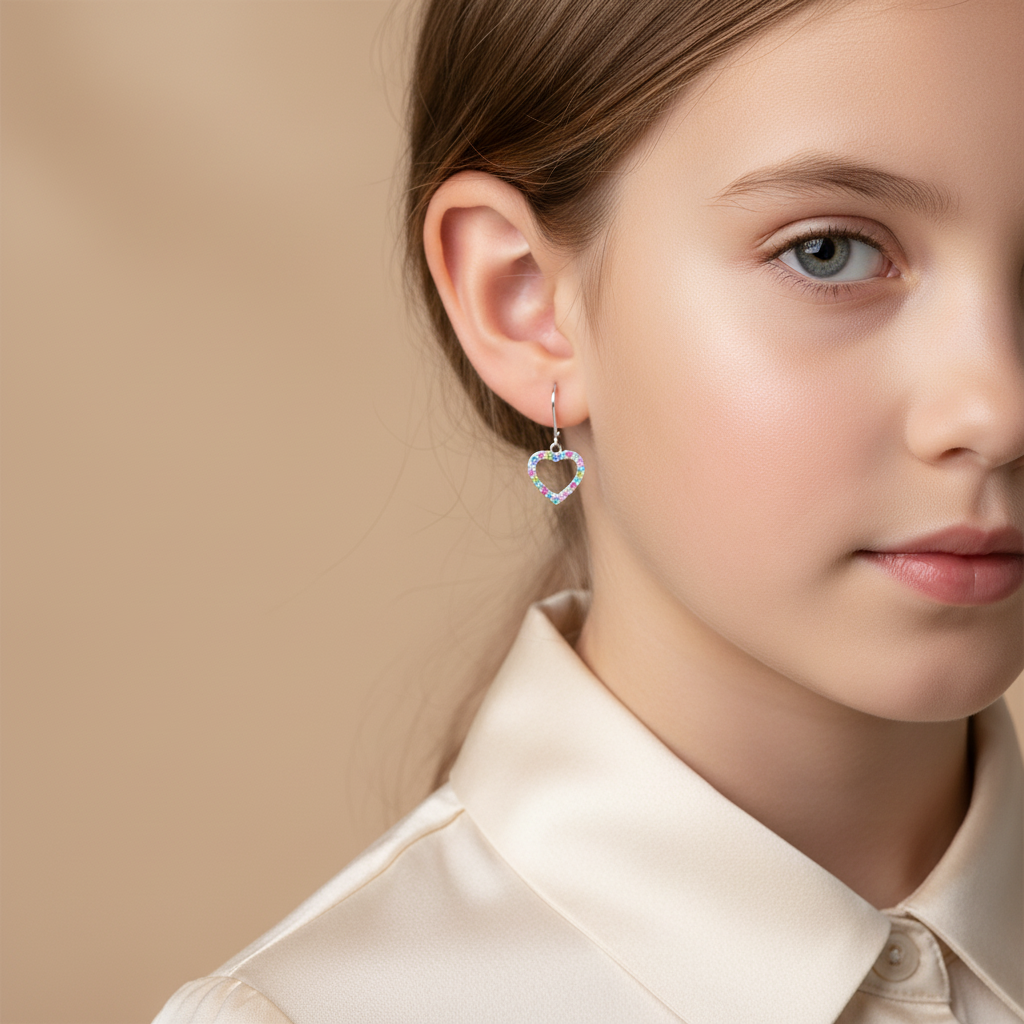 Melchior Jewellery crystal open heart drop earrings worn by a young girl with a cream blouse
