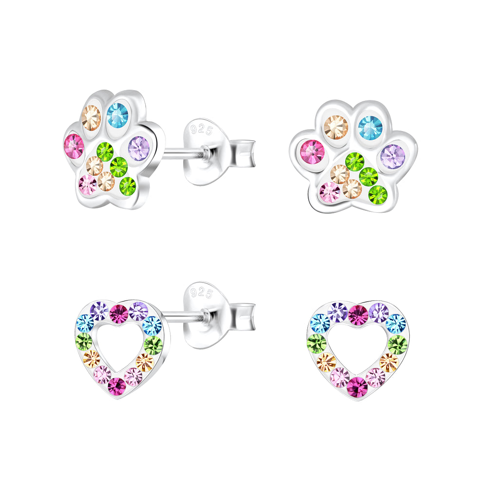 Melchior Jewellery crystal paw and heart earrings for kids with colourful gemstones in silver
