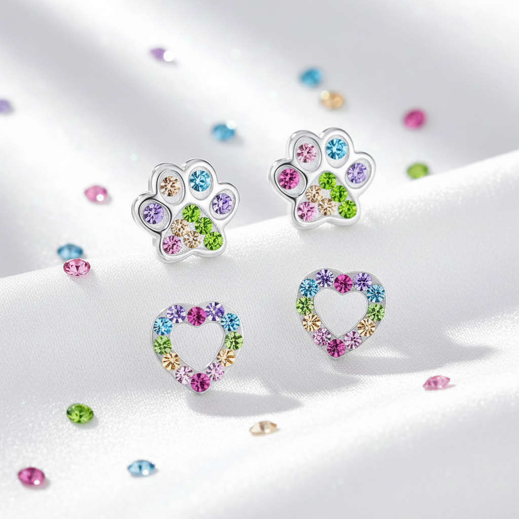 Melchior Jewellery crystal paw and heart earrings for kids with multicoloured stones on white satin