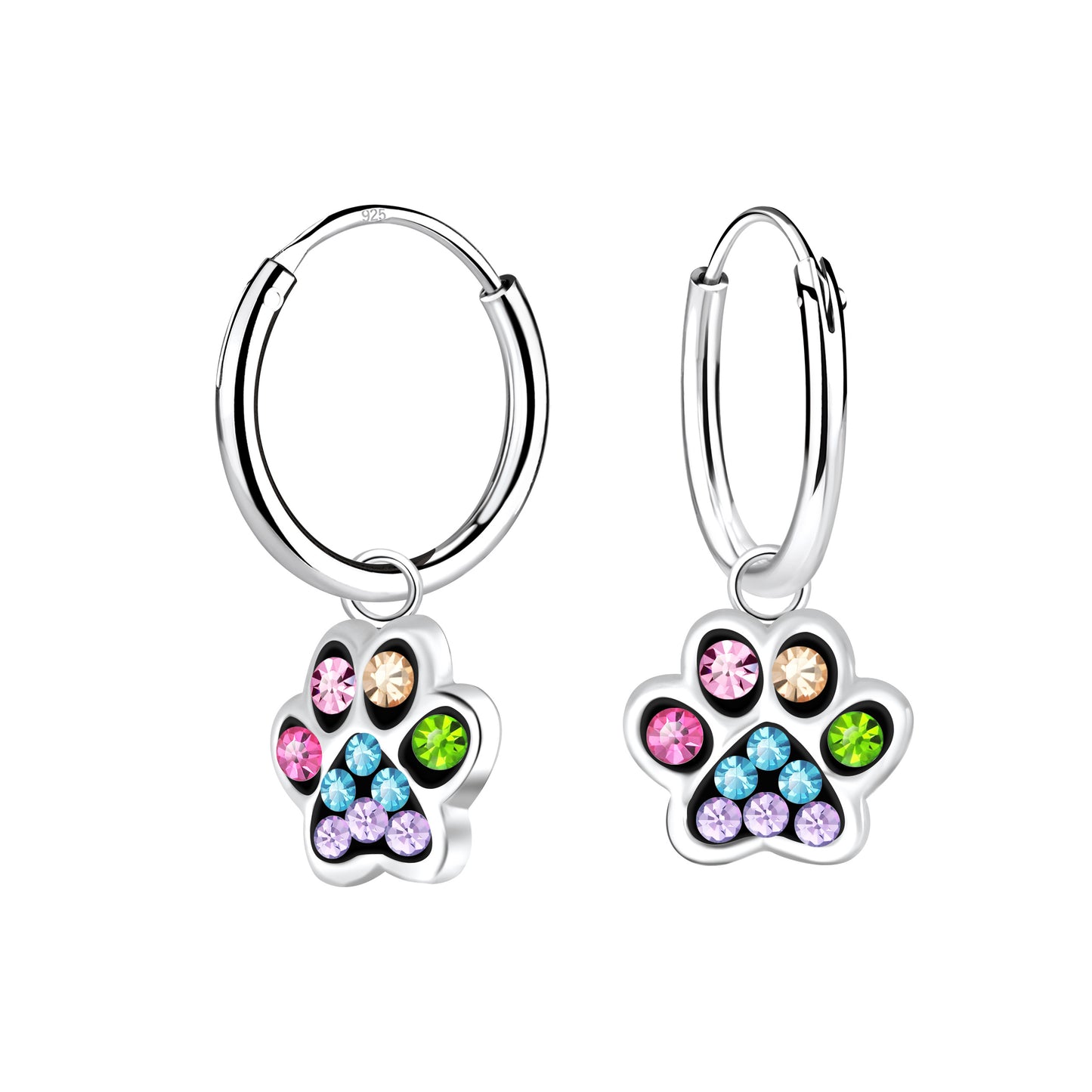 Melchior Jewellery crystal paw print hoop earrings for kids with multicolour gemstones on silver hoops