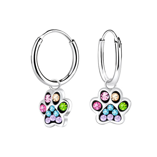 Melchior Jewellery crystal paw print hoop earrings for kids with multicolour gemstones on silver hoops