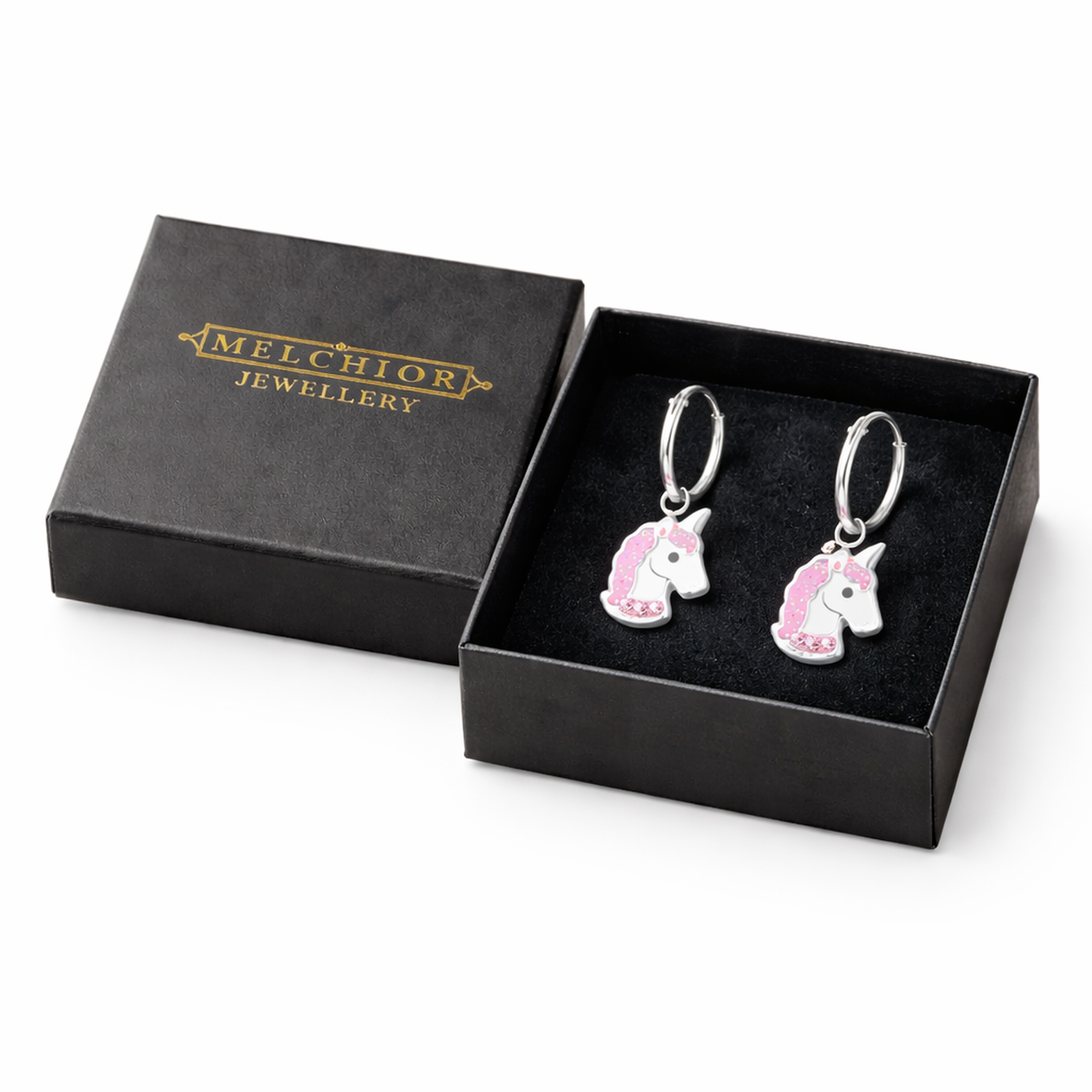 Melchior Jewellery crystal unicorn earrings for girls in black gift box with pink and white detailing