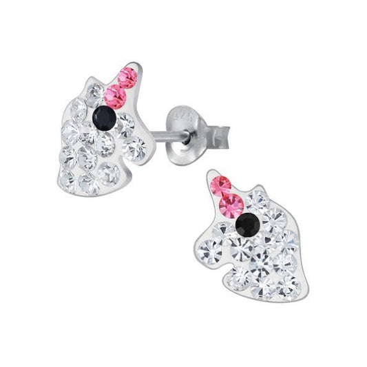Melchior Jewellery crystal unicorn stud earrings for kids silver unicorn face with pink and clear crystals