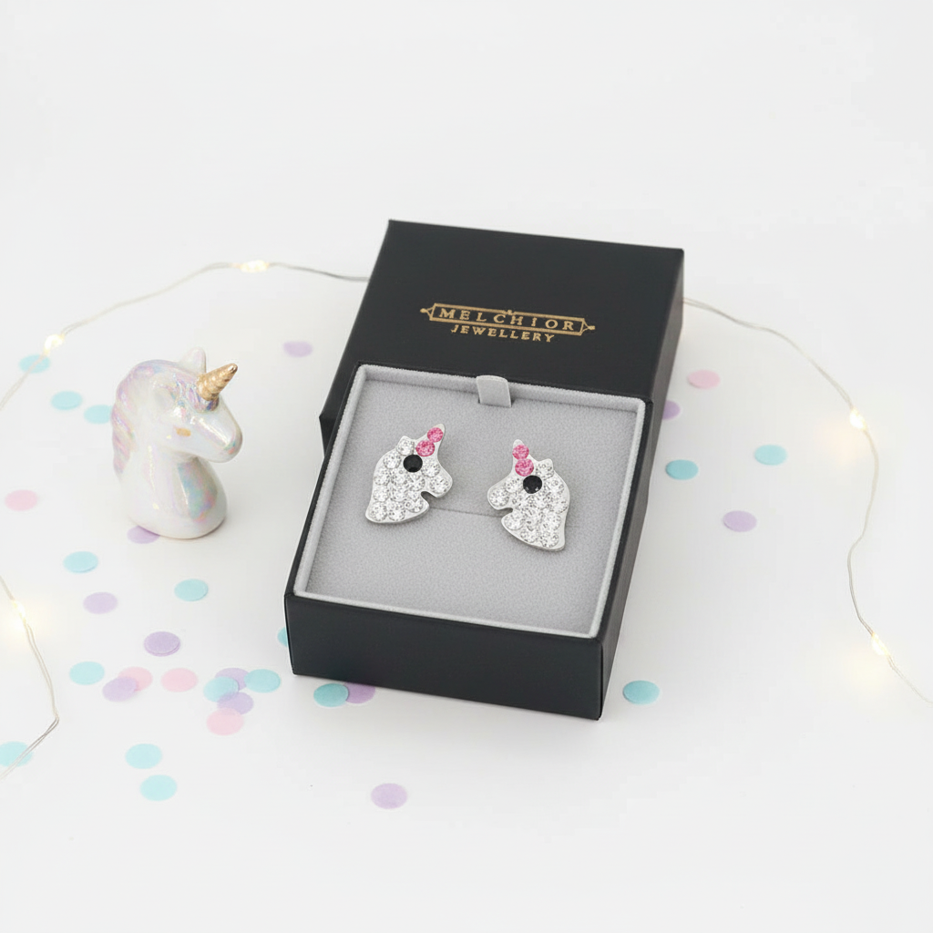 Melchior Jewellery crystal unicorn stud earrings for kids in black gift box with decorative unicorn figure