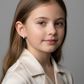 Young girl wearing Melchior Jewellery cubic zirconia cross earrings for kids in silver tone