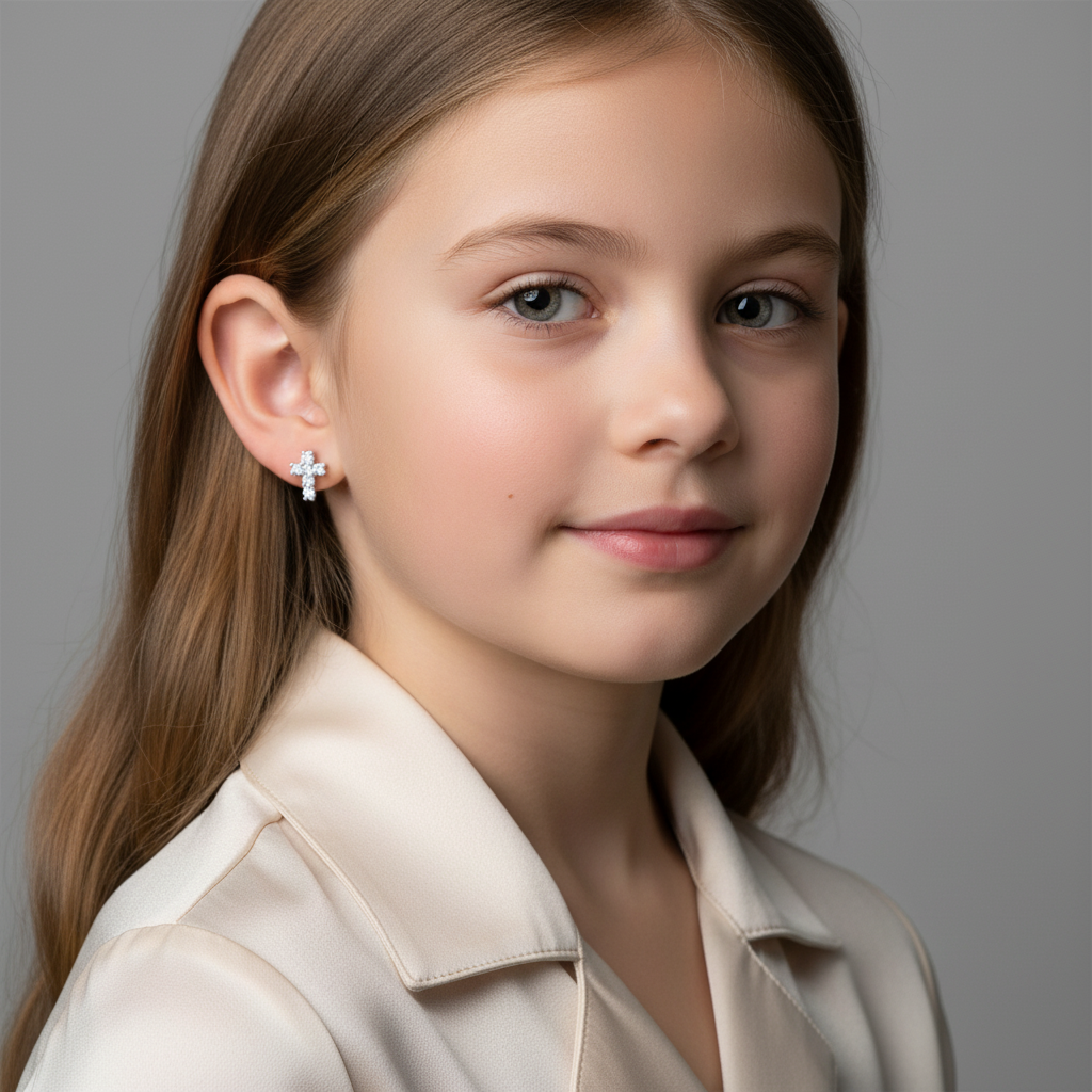 Young girl wearing Melchior Jewellery cubic zirconia cross earrings for kids in silver tone