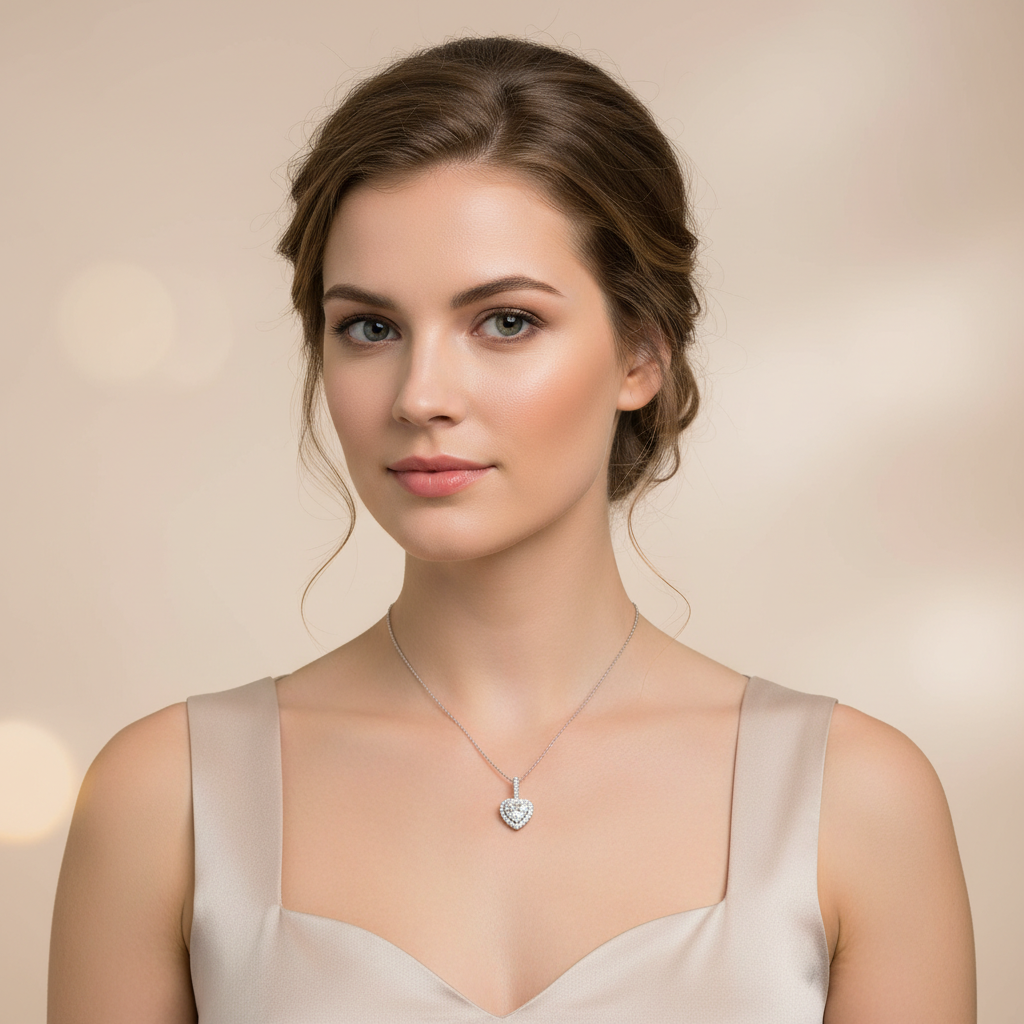 Melchior Jewellery womans necklace featuring a cubic zirconia heart halo pendant on a silver chain