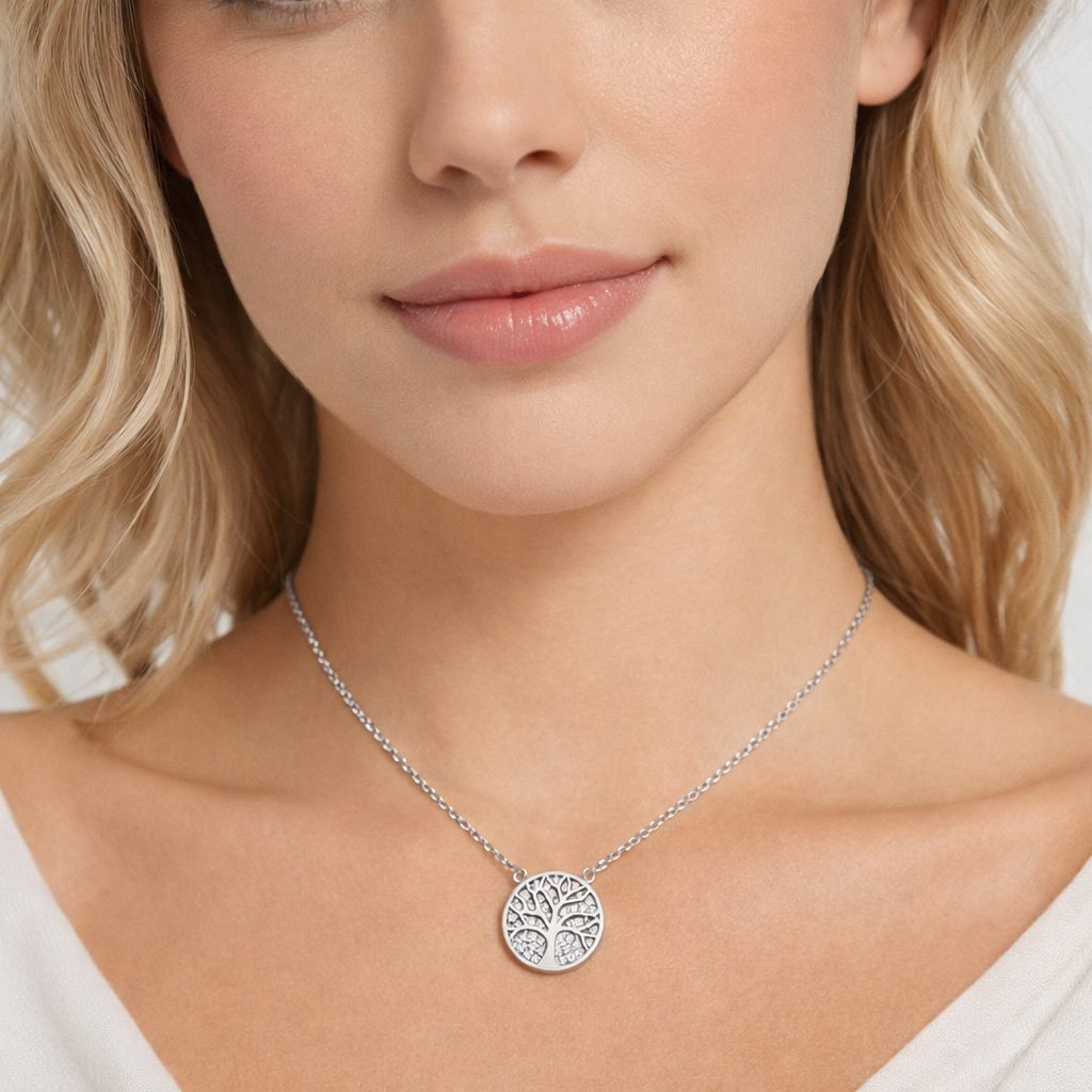 Melchior Jewellery cubic zirconia tree of life pendant necklace worn by woman with blonde hair