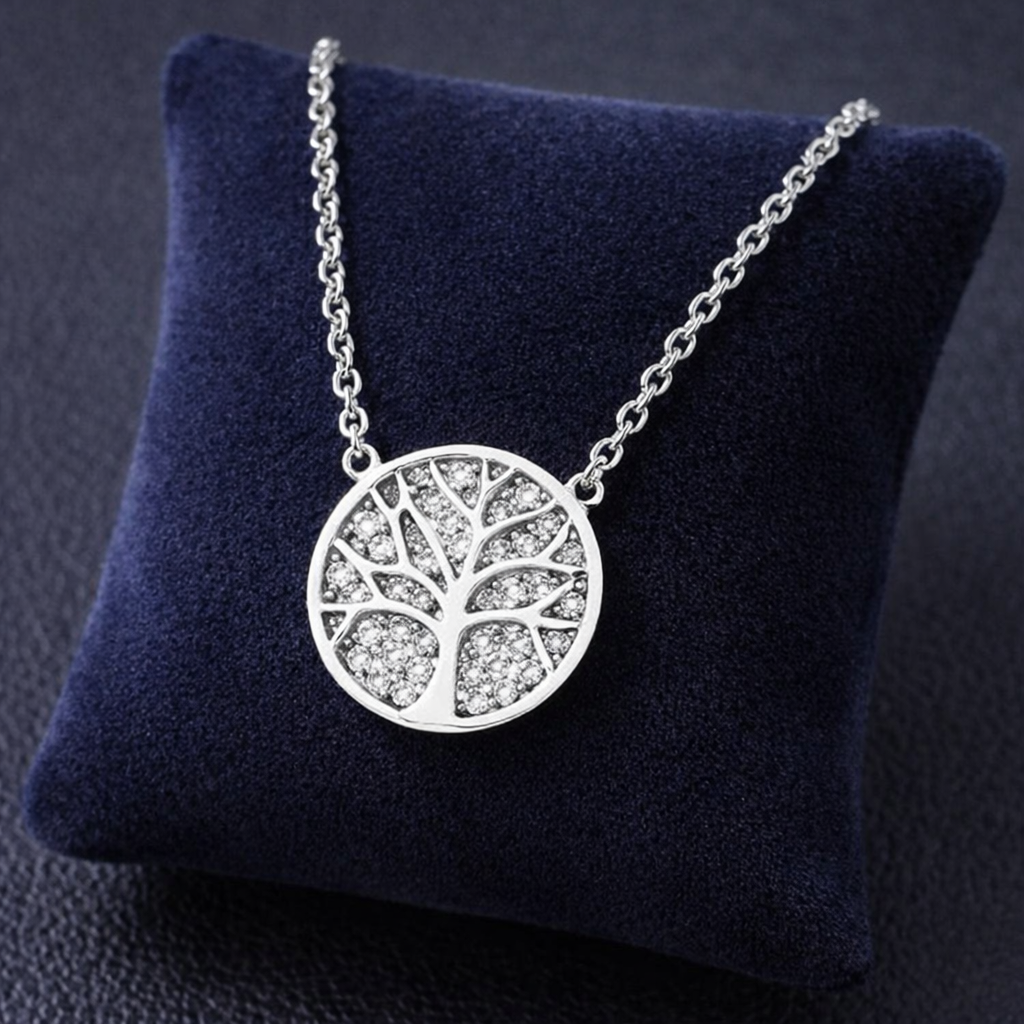 Melchior Jewellery cubic zirconia tree of life pendant necklace on silver chain with blue cushion