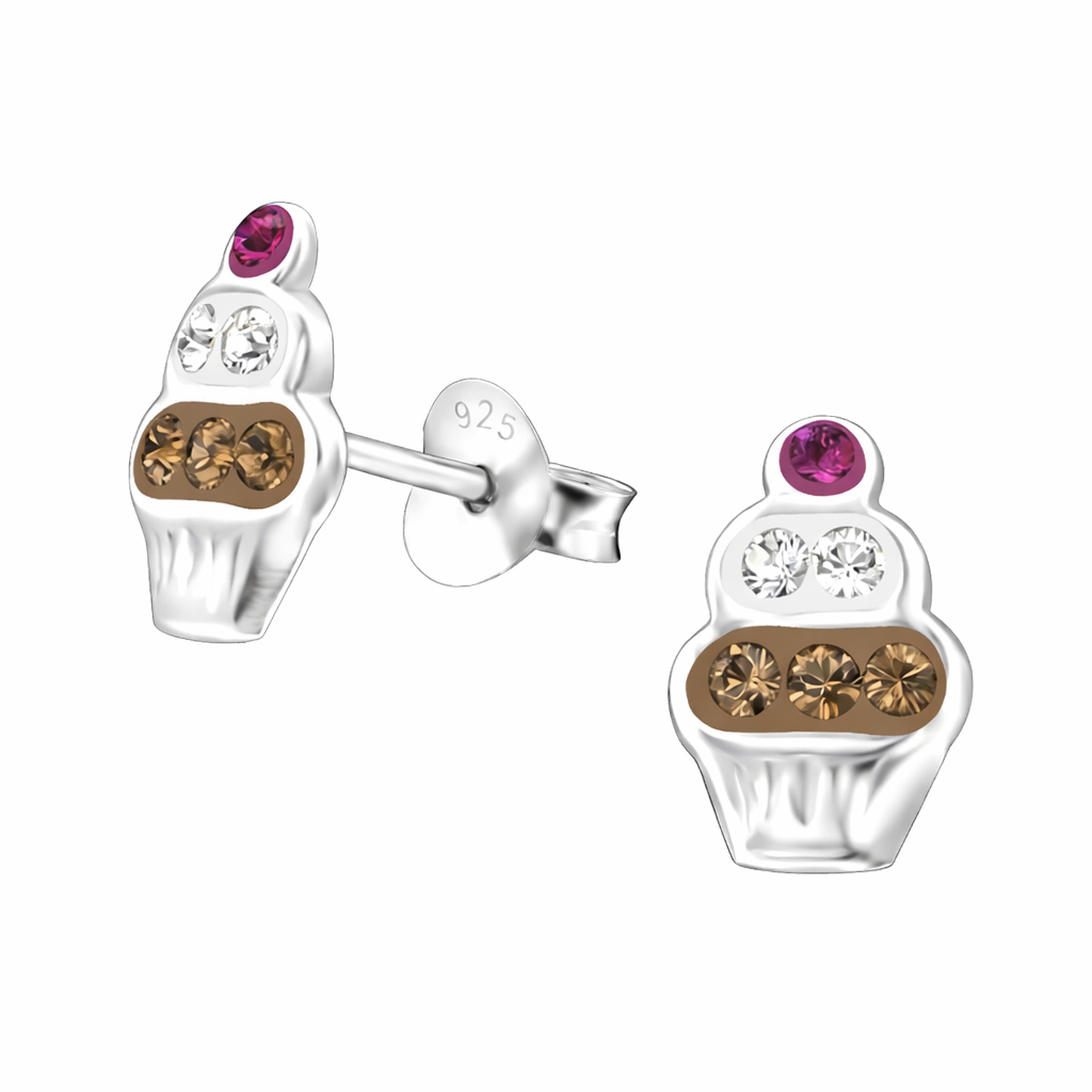 Silver cupcake ear studs for kids featuring pink, white, and brown crystals by Melchior Jewellery