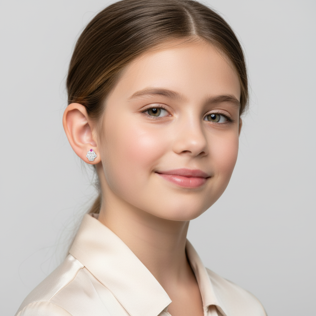 Melchior Jewellery cupcake ear studs for kids worn by smiling girl with light brown hair