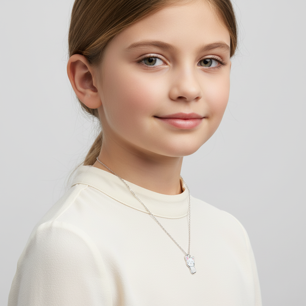 Cute cat necklace for girls by Melchior Jewellery worn by young girl with light brown hair and white top