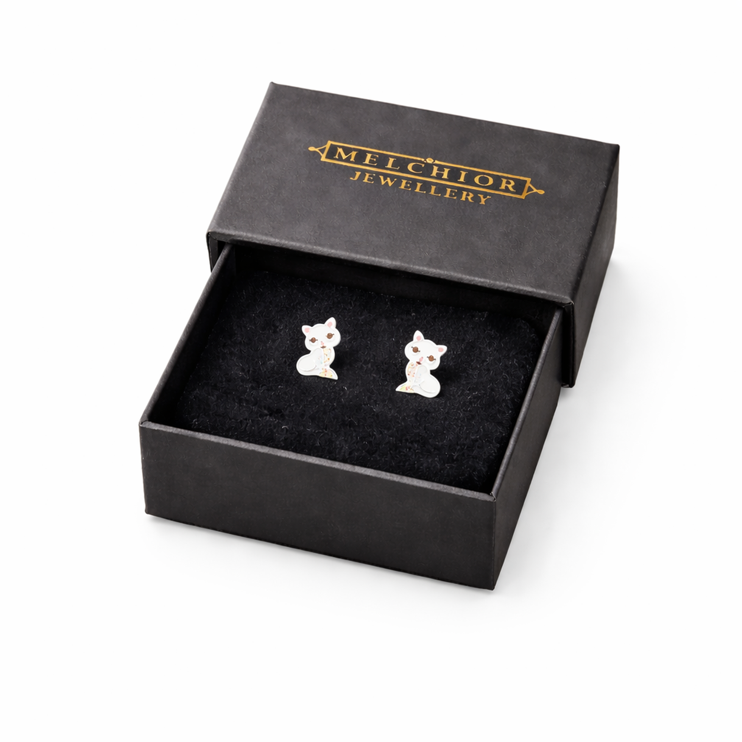 Melchior Jewellery cute cat stud earrings for kids in black presentation box