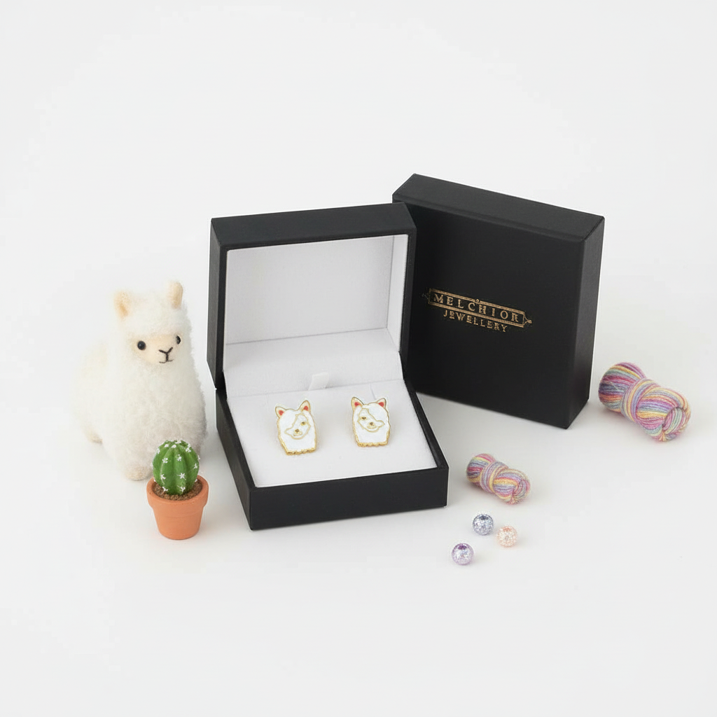 Cute llama earrings for kids by Melchior Jewellery in black gift box with soft toy and decorative items